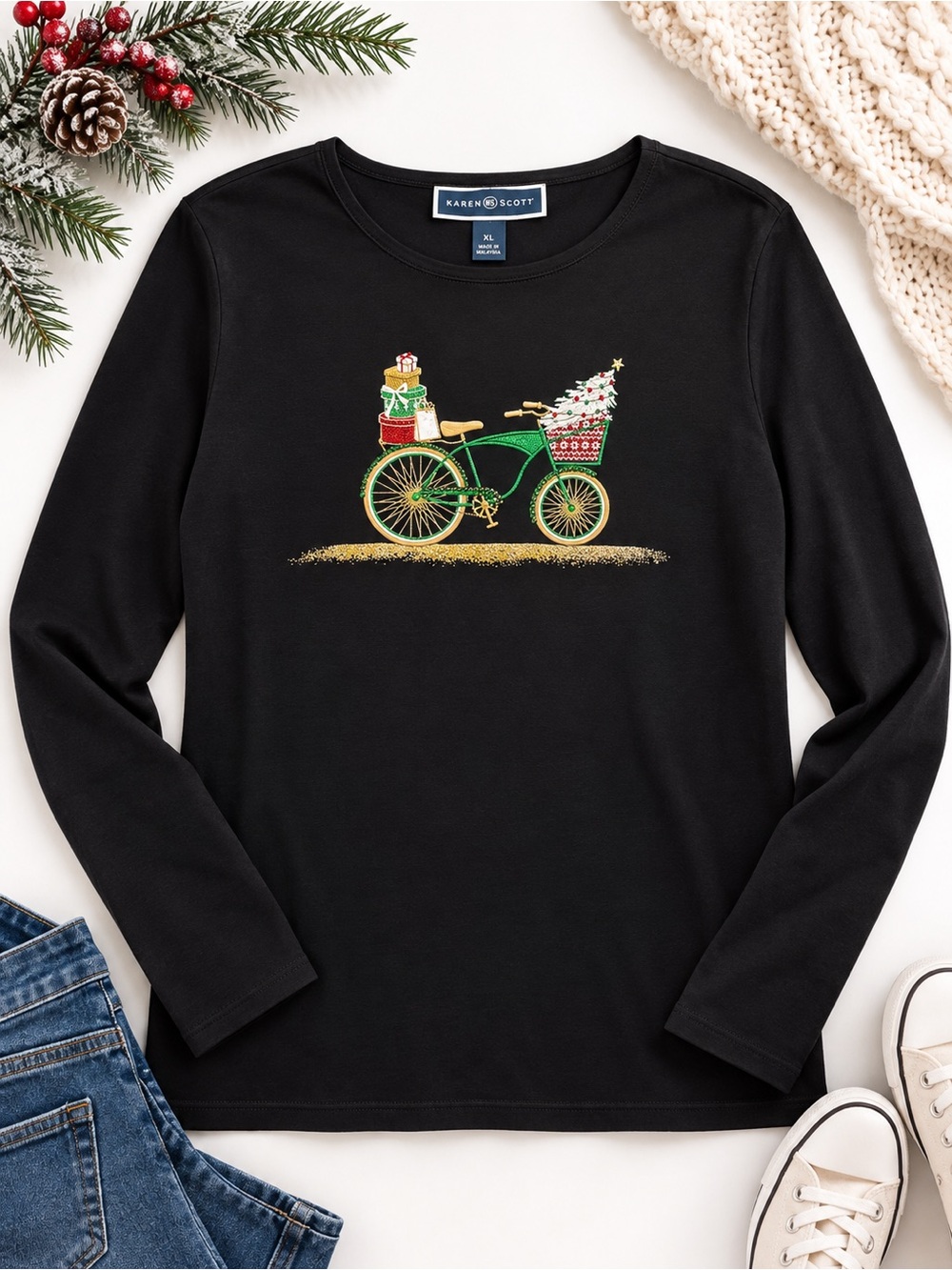Karen Scott Black Long-Sleeve Tee with Festive Green Bike and Gold Accents